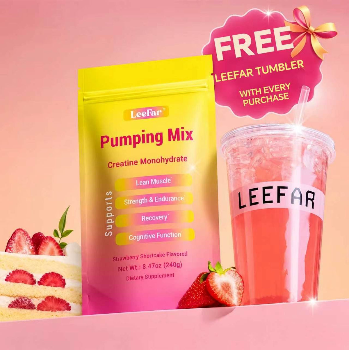 LeeFar Pumping Mix- Creatine Monohydrate Powder with 5g Creatine per Serving for Lean Muscle, Strength & Endurance, Muscle Recovery and Cognitive Function – Strawberry Shortcake Flavor, 30 Servings