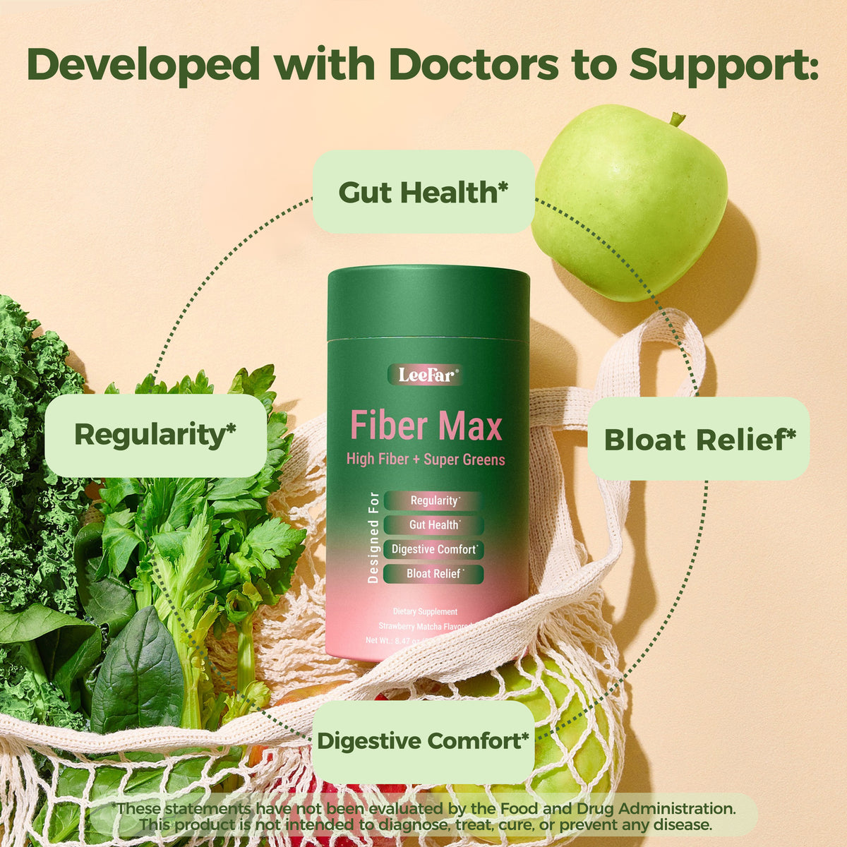 LeeFar Fiber Max – High Fiber + Super Greens Powder with 6g Dietary Fiber, Prebiotics,  Super Greens & Super Fruits for Regularity, Gut Health, Digestive Comfort and Bloat Relief –  Strawberry Matcha Flavor, 30 Sticks