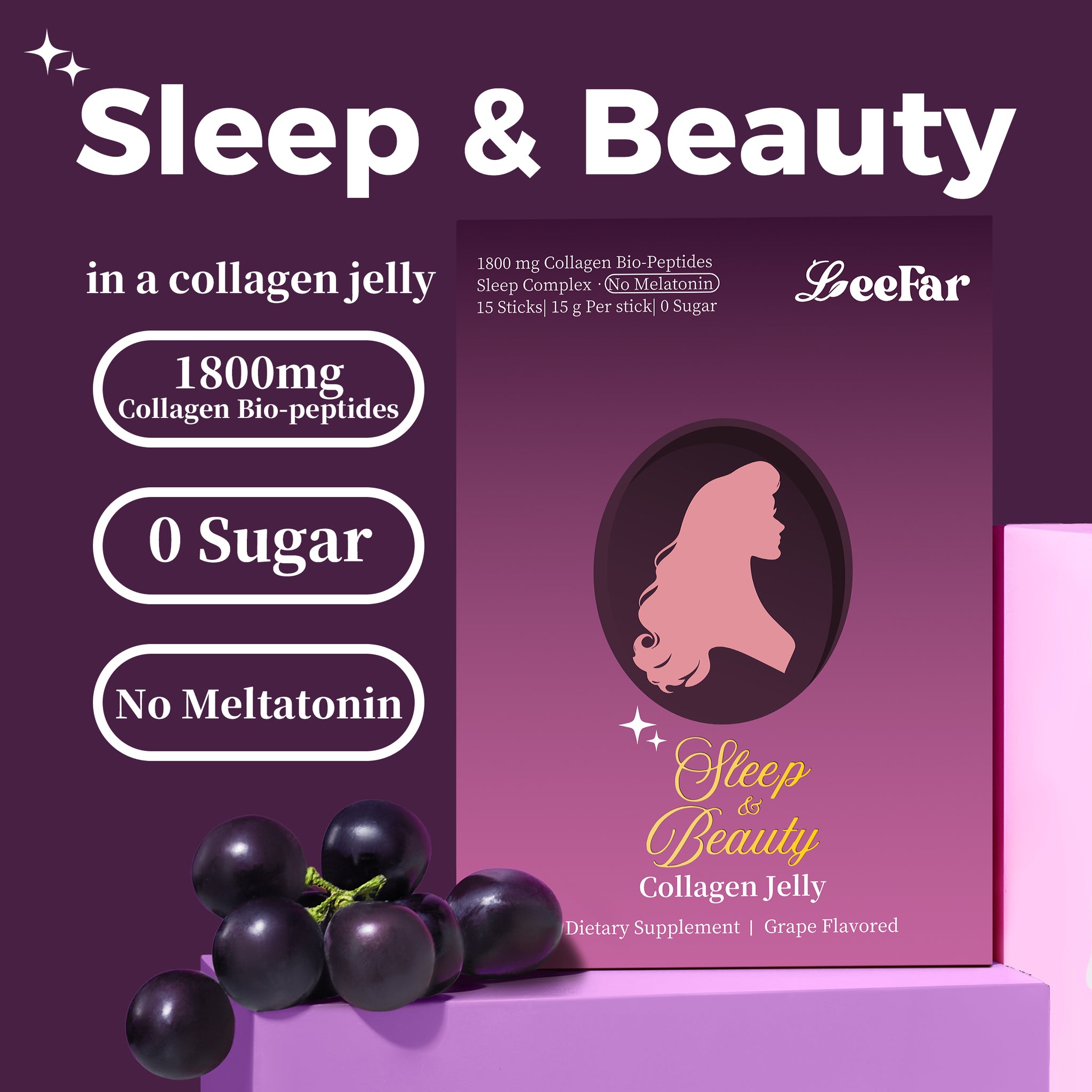 LeeFar Sleep & Beauty Collagen Jelly – 1800mg Bio-Peptides Collagen + Nighttime Blend | Magnesium Glycinate, L-Theanine, Hyaluronic Acid | Restful Sleep, Skin Elasticity & Hydration, Collagen Formation for Hair, Skin & Nails| Grape Flavor |15 Stick Packs