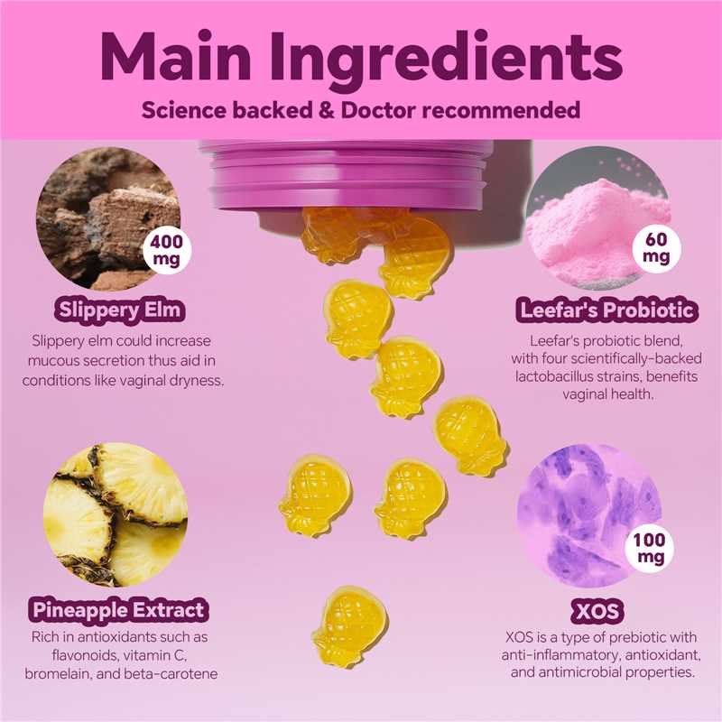 LeeFar Her Juicy Feminine Probiotics Gummies- All in One Solution with Slippery Elm and Prebiotics&Lactobacillus Probiotic Blend for Women's pH Balance and Dryness - Hawaiian Pineapple Gummies 60 Counts Women's Probiotics