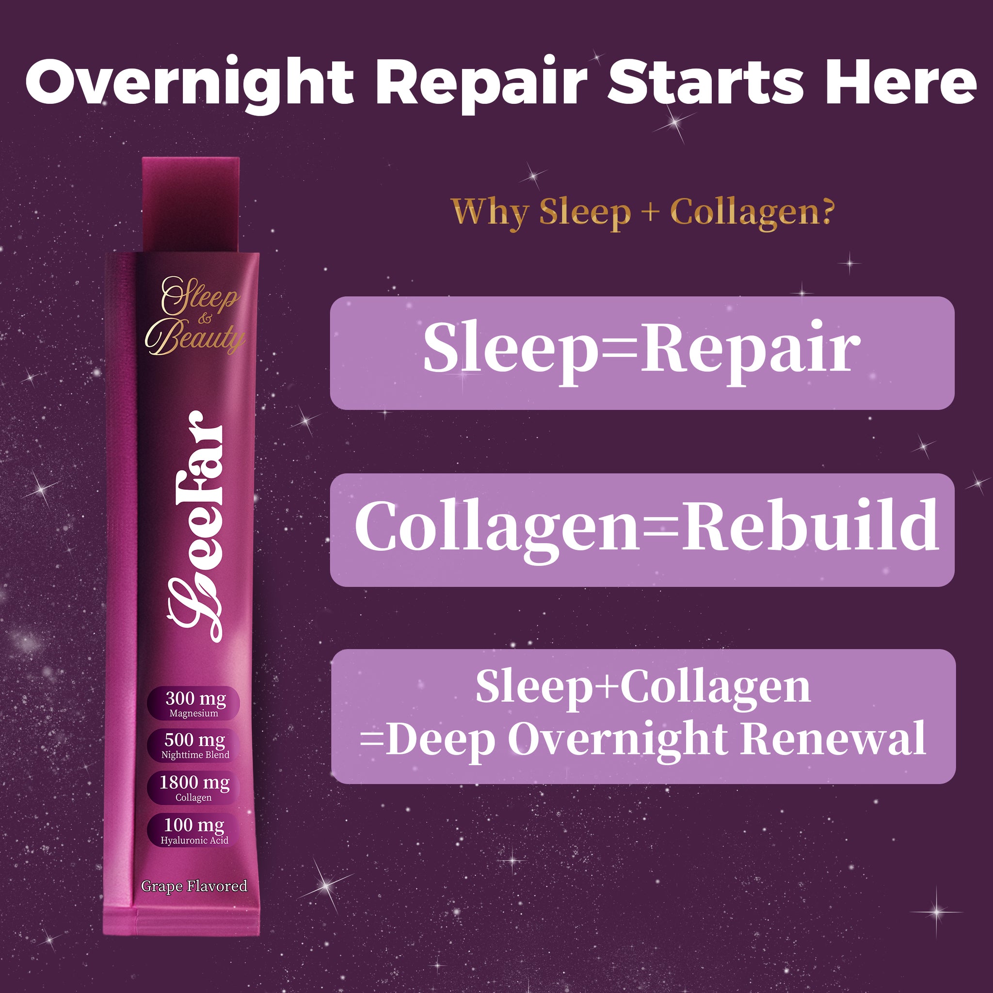 LeeFar Sleep & Beauty Collagen Jelly – 1800mg Bio-Peptides Collagen + Nighttime Blend | Magnesium Glycinate, L-Theanine, Hyaluronic Acid | Restful Sleep, Skin Elasticity & Hydration, Collagen Formation for Hair, Skin & Nails| Grape Flavor |15 Stick Packs