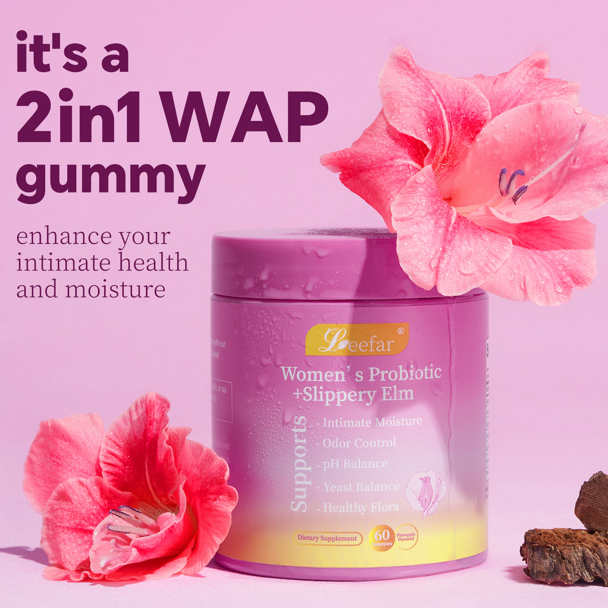 LeeFar Her Juicy Feminine Probiotics Gummies- All in One Solution with Slippery Elm and Prebiotics&Lactobacillus Probiotic Blend for Women's pH Balance and Dryness - Hawaiian Pineapple Gummies 60 Counts Women's Probiotics