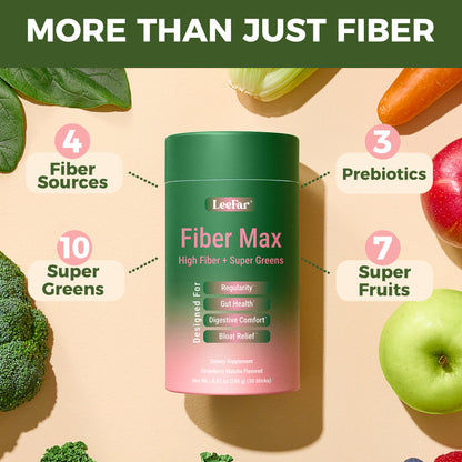 LeeFar Fiber Max – High Fiber + Super Greens Powder with 6g Dietary Fiber, Prebiotics,  Super Greens & Super Fruits for Regularity, Gut Health, Digestive Comfort and Bloat Relief –  Strawberry Matcha Flavor, 30 Sticks