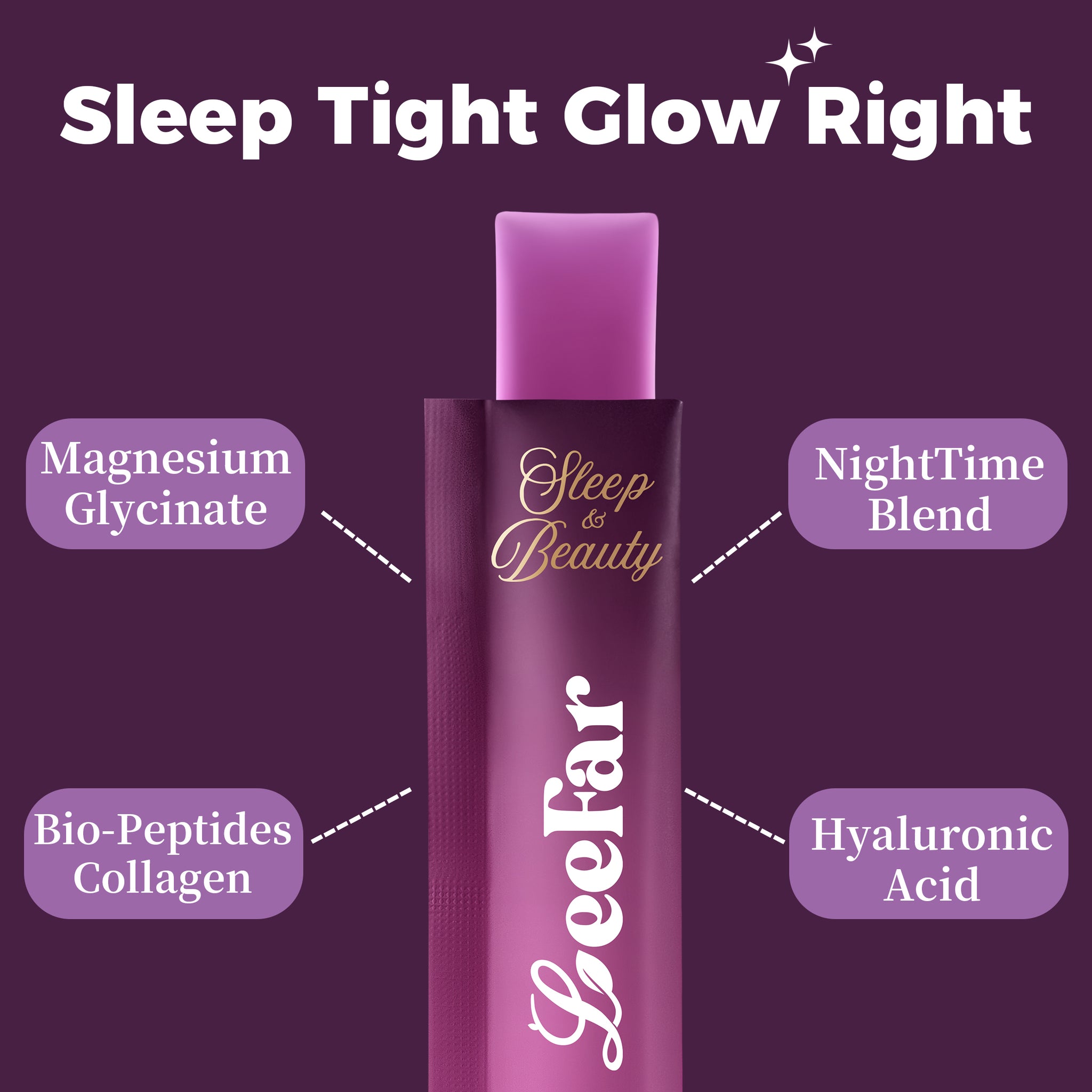 LeeFar Sleep & Beauty Collagen Jelly – 1800mg Bio-Peptides Collagen + Nighttime Blend | Magnesium Glycinate, L-Theanine, Hyaluronic Acid | Restful Sleep, Skin Elasticity & Hydration, Collagen Formation for Hair, Skin & Nails| Grape Flavor |15 Stick Packs