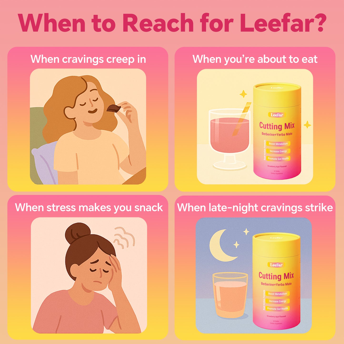 LeeFar Cutting Mix Drink Mix – Dual-Action Craving & Metabolism Support | Berberine, Chromium, 5-HTP, Yerba Mate & Magnesium | Supports GLP-1 Pathway, Blood Sugar & Gut Health | Strawberry Açaí Flavor – 30 Servings